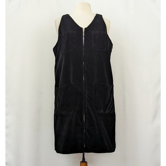 Vintage 90s Jumper Dress Black Velour Zip Front Pockets Misses Size M - Picture 1 of 8